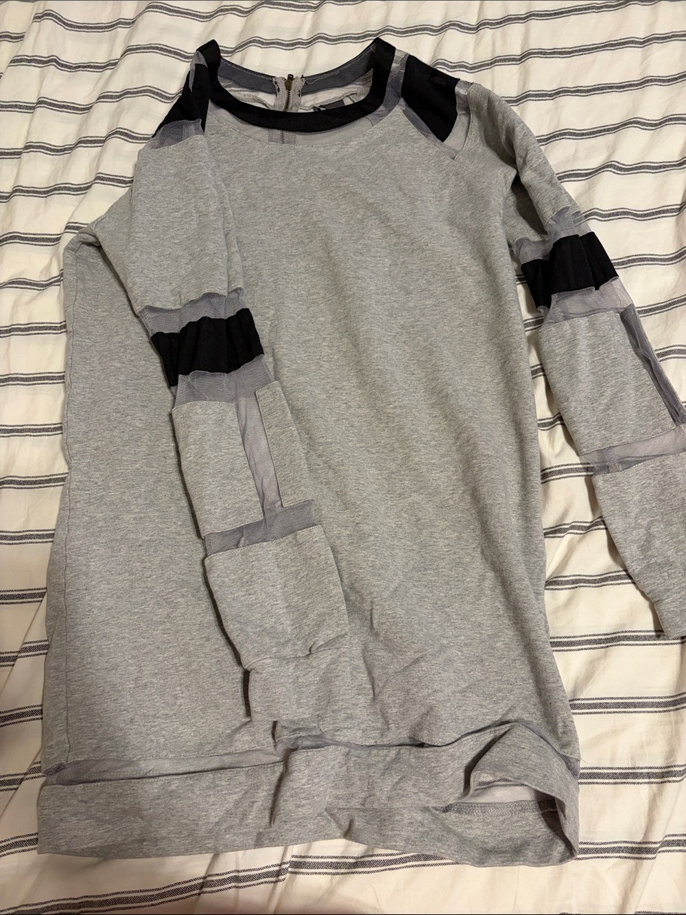 Gray Pullover Top with Black Mesh Accents